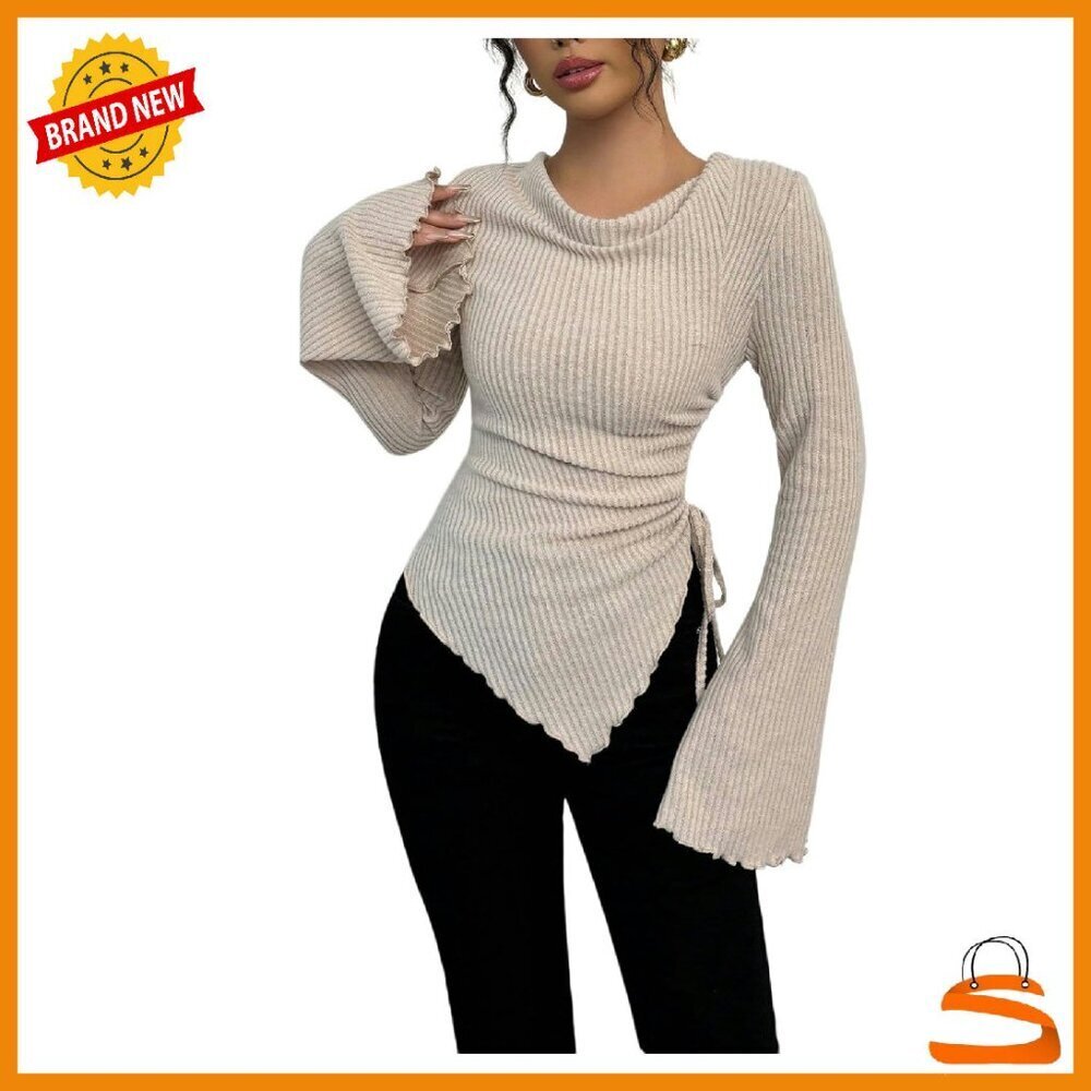 Ribbed Knit Bell Sleeve Cowl Neck Fitted Tee Y2K Asymmetrical Top